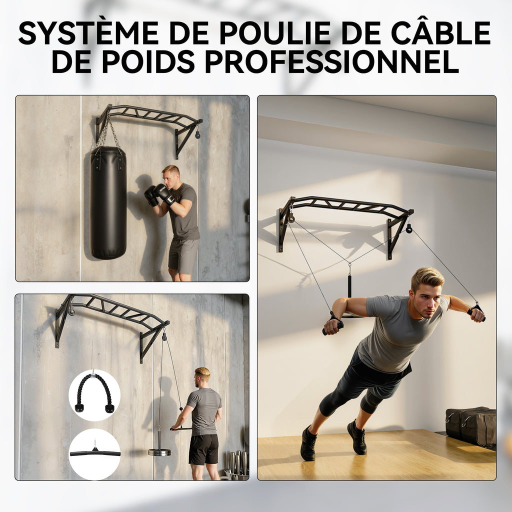 Barre de traction murale barre de fitness multi-prise système de poulie à câble charge 200kg, acier 126x60x45,5cm, noir-4