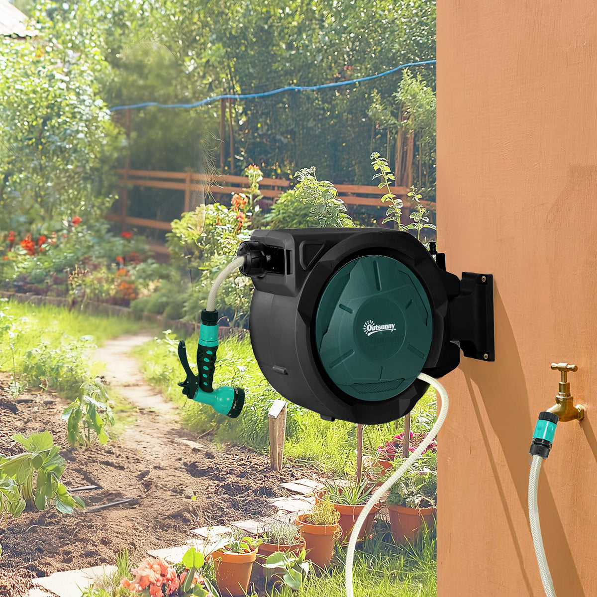Enrouleur Tuyau Arrosage Mural 30 m x Ø 15 mm Dévidoir Automatique de Tuyaux d'Eau Rétractable Automatique vert-1