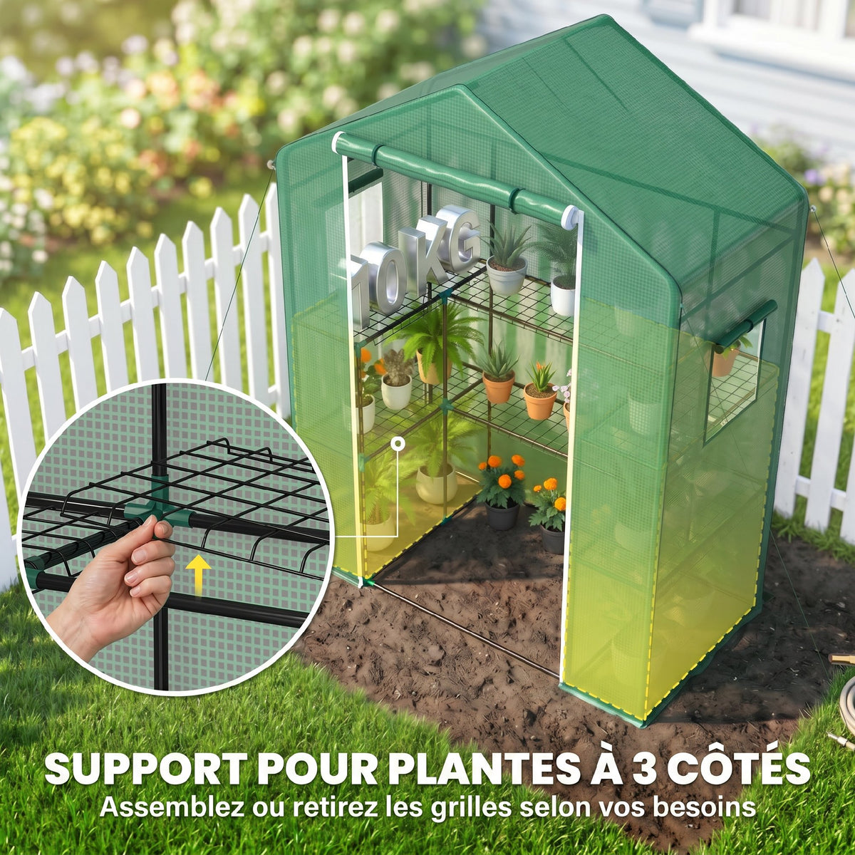 Serre de jardin avec 1 porte, 2 fenetres et 2 étagères en forme de U pour Légumes Plantes Fleurs Bâche PE 140x73x190 cm-3