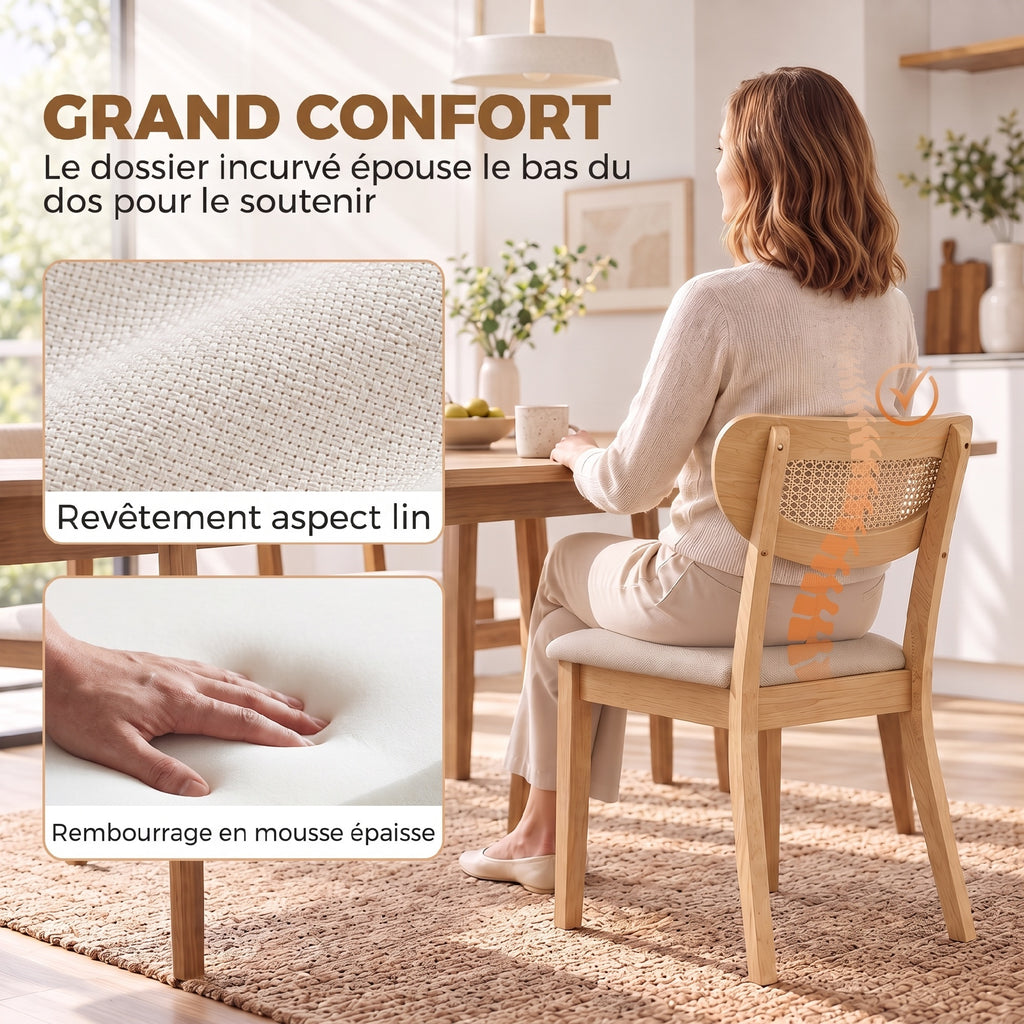 Lot de 2 Chaises de Salle à Manger, Chaises de Cuisine Rembourrées en Lin, Dossier à Effet Rotin et Pieds d'Hévéa, Beige-5