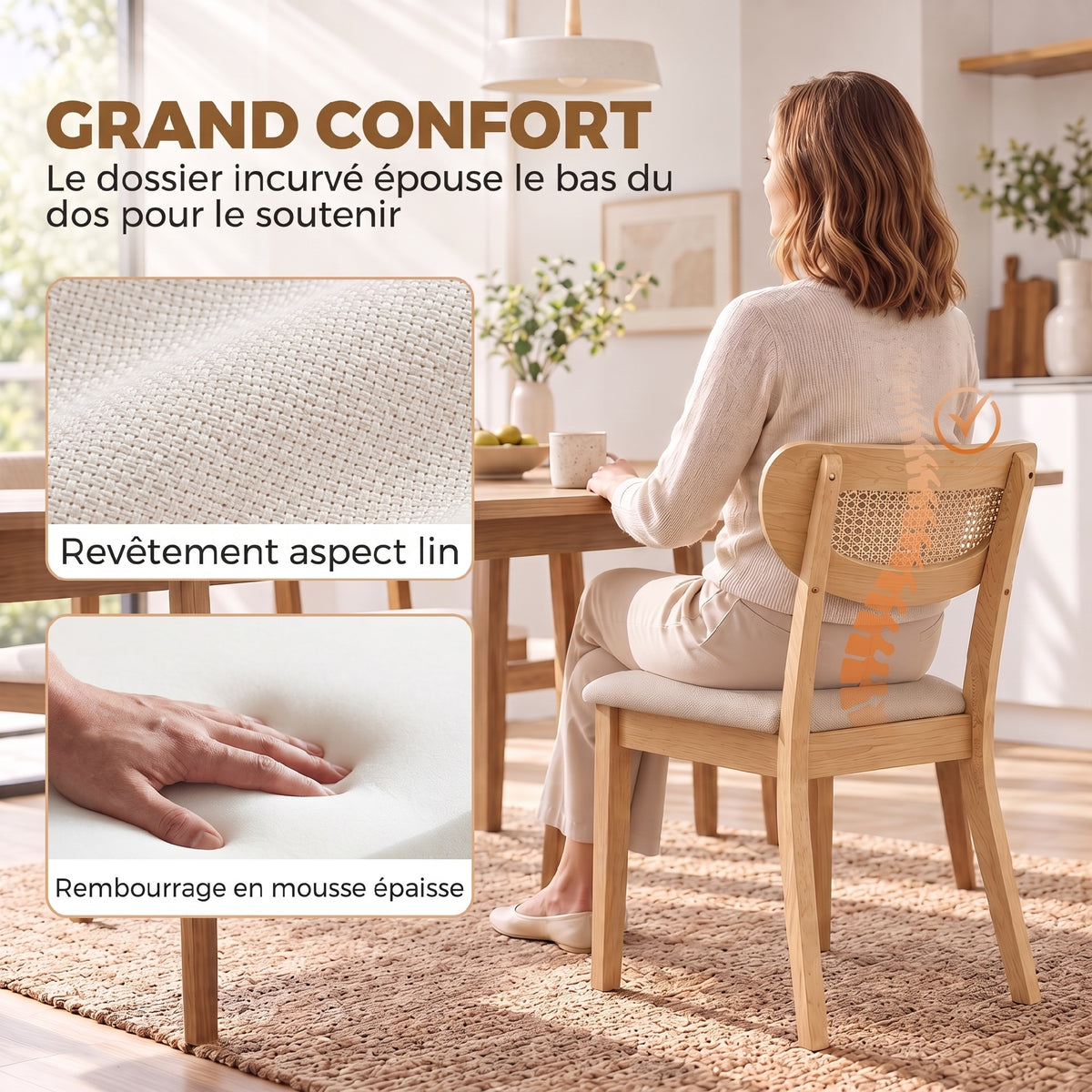 Lot de 2 Chaises de Salle à Manger, Chaises de Cuisine Rembourrées en Lin, Dossier à Effet Rotin et Pieds d'Hévéa, Beige-5