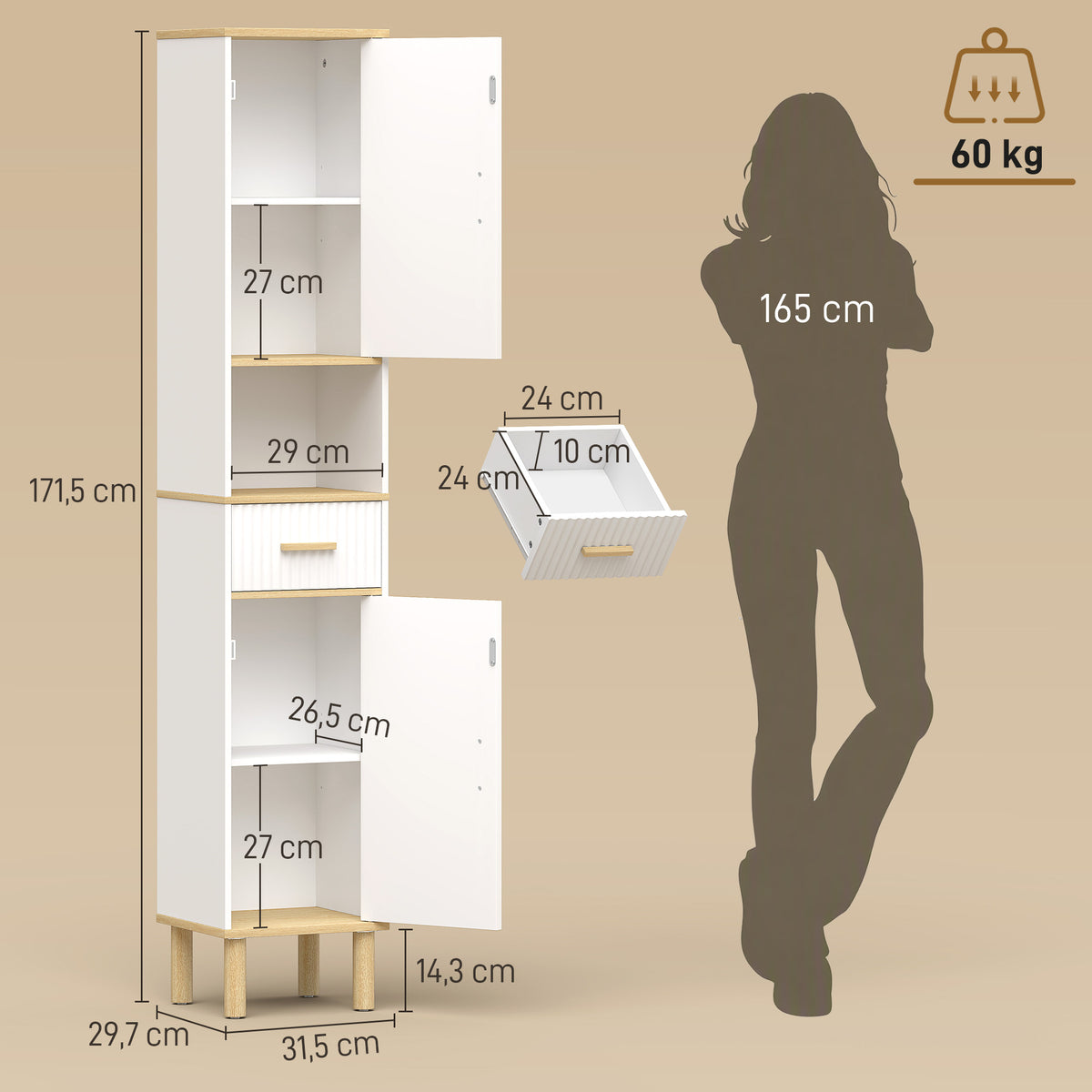 Meuble colonne salle de bain, meuble de rangement étroit avec 2 portes, tiroir, compartiment ouvert, blanc-2
