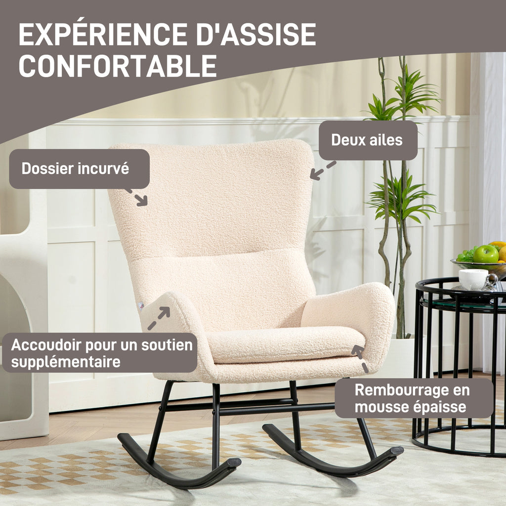 Fauteuil à bascule, chaise à bascule, avec assise de 10 cm d'épaisseur, pieds incurvés en acier, beige et noir-4