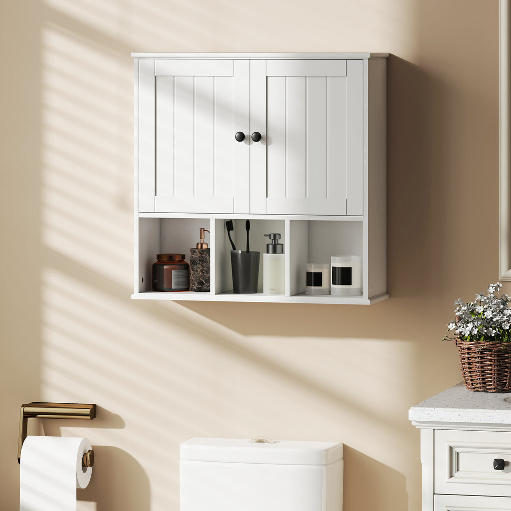 Armoire murale de salle de bain, meuble de rangement avec 2 portes, étagère réglable et compartiments ouverts, blanc-1