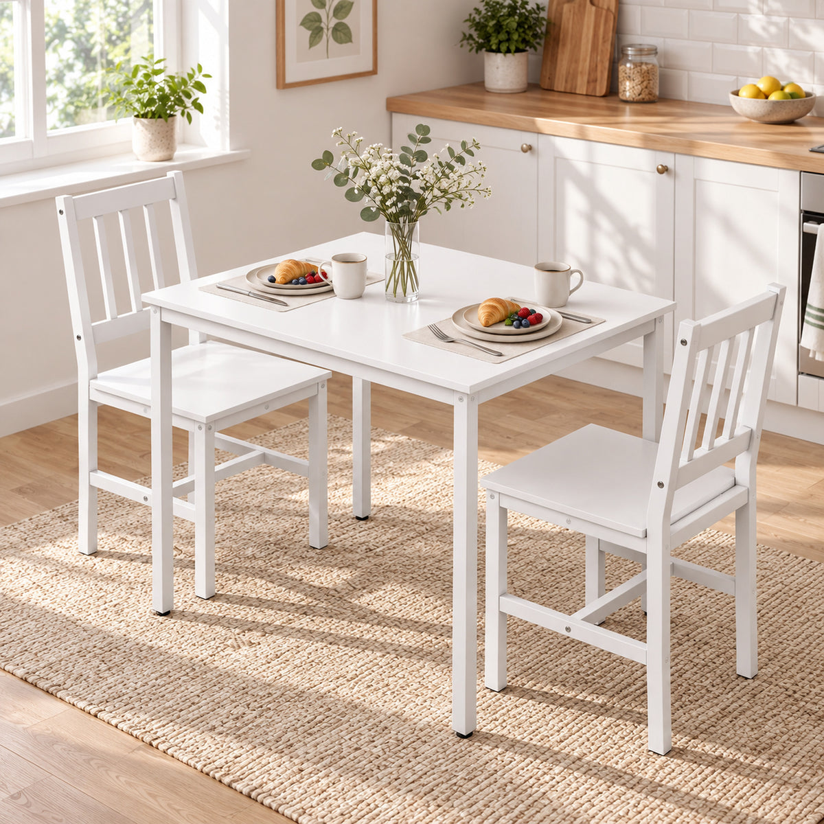 Ensemble Table Salle à Manger avec 2 Chaises, Table de Cuisine Rectangulaire 80 cm, Chaises à Dossier à Lattes, Blanc-9