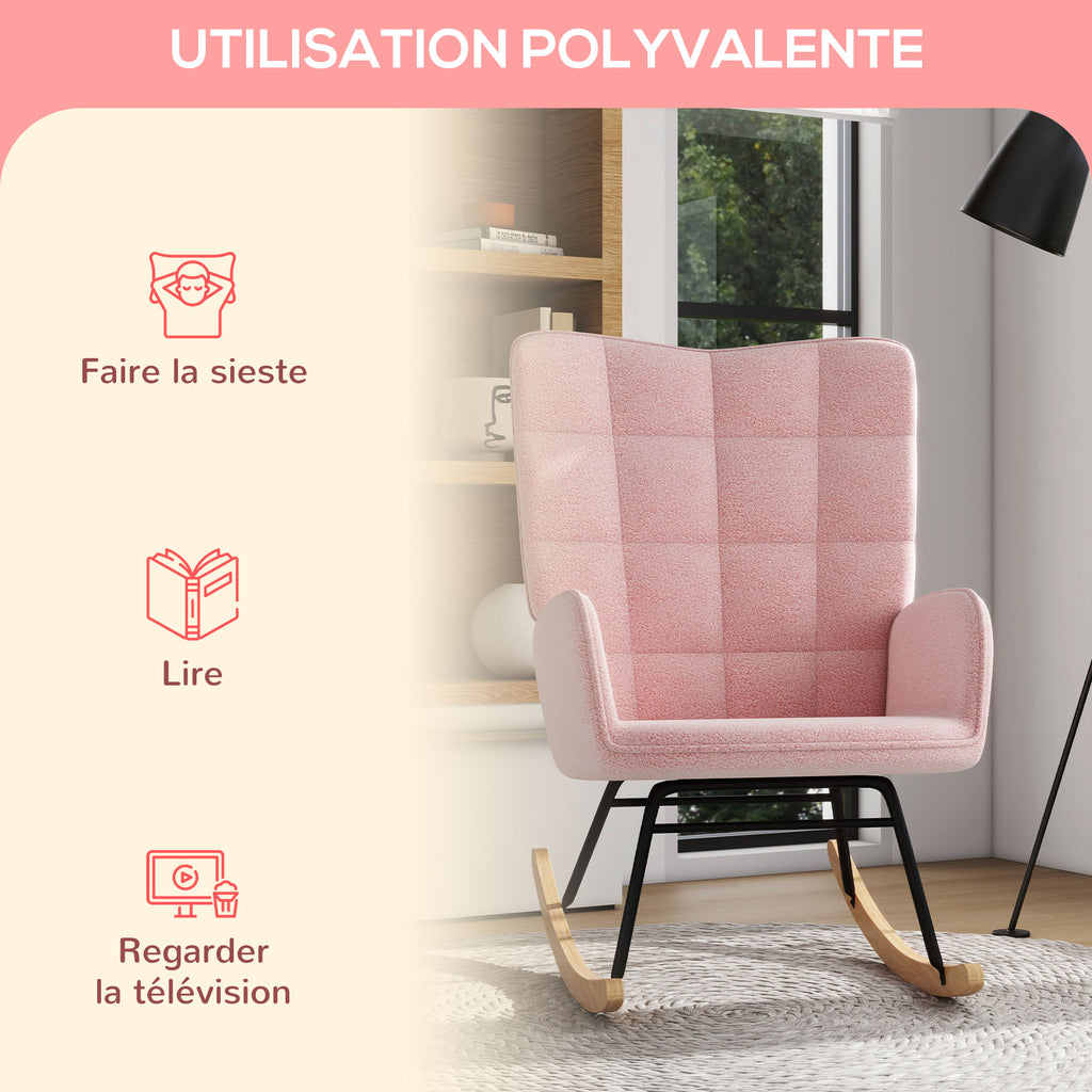 Fauteuil à bascule rocking chair revêtement bouclette structure en acier 71 x 98 x 101 cm rose-5