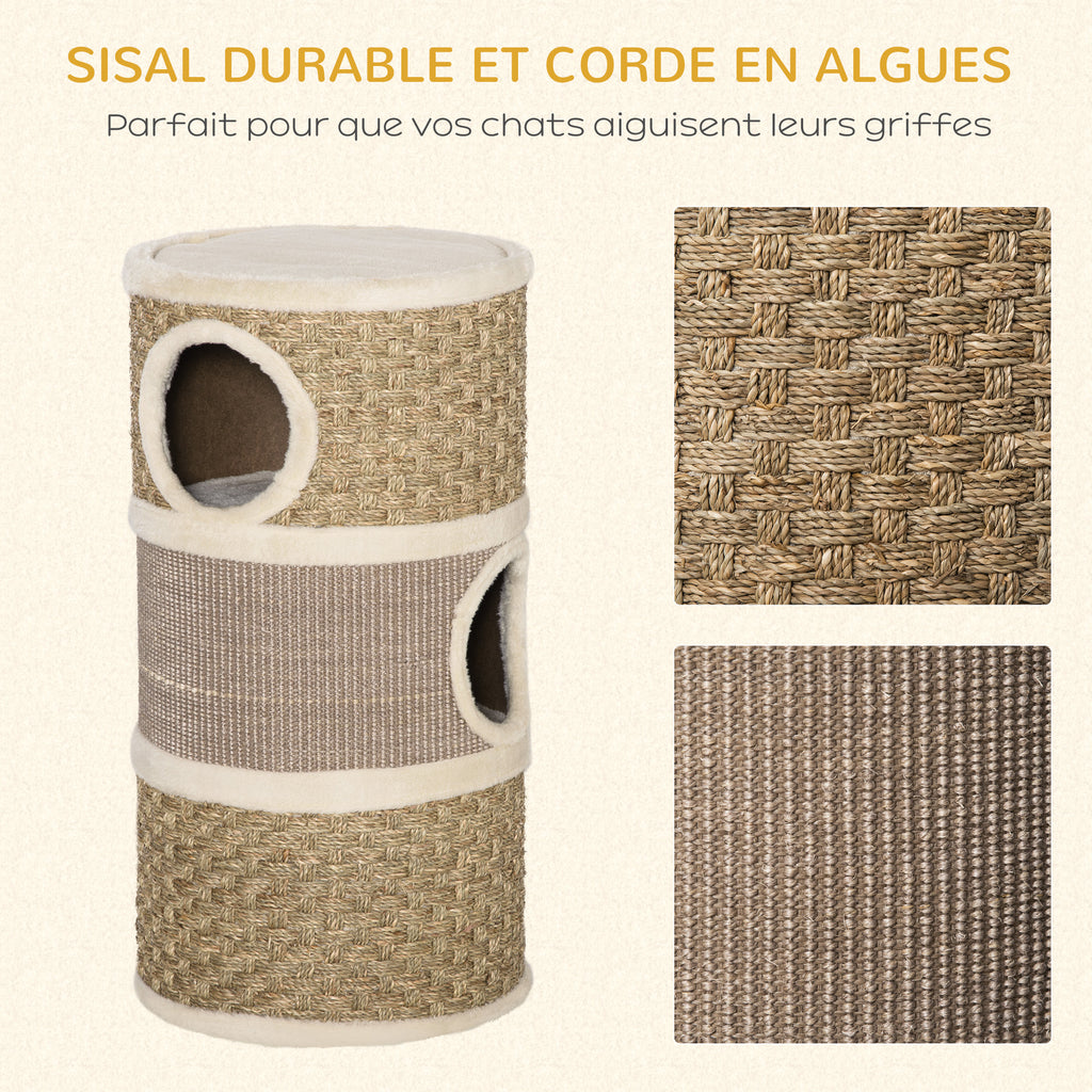 Tonneau à Gratter pour Chat, Arbre à Chat Sisal Naturel et Herbiers Marins Recouvert de Peluche, 37,5 x 37,5 x 70 cm, Kaki et Café-5