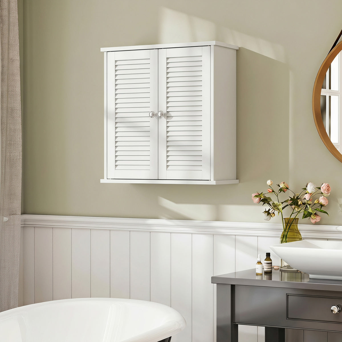 Armoire murale de salle de bain, meuble de rangement suspendu avec 2 portes persiennes et étagère réglable, blanc-1