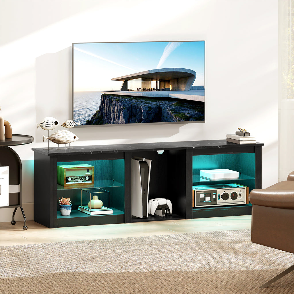 Meuble TV avec éclairage LED pour télévision jusqu'à 70 pouces, 160cm avec étagères en verre réglables, noir-1