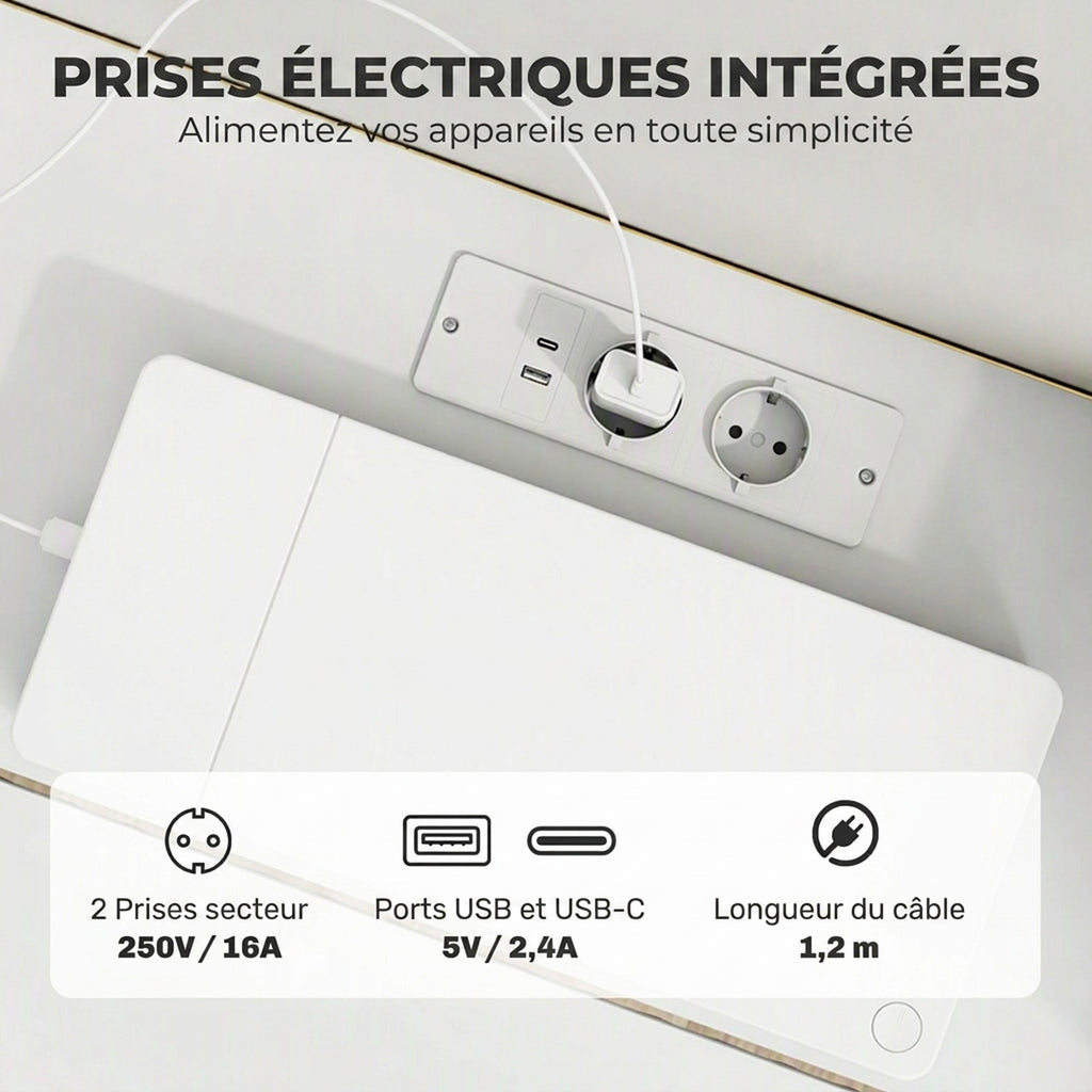 Meuble TV Suspendu Flottant 120 cm avec Éclairage LED et Prises, Meuble Télé pour Téléviseur 65 Pouces, Blanc-4
