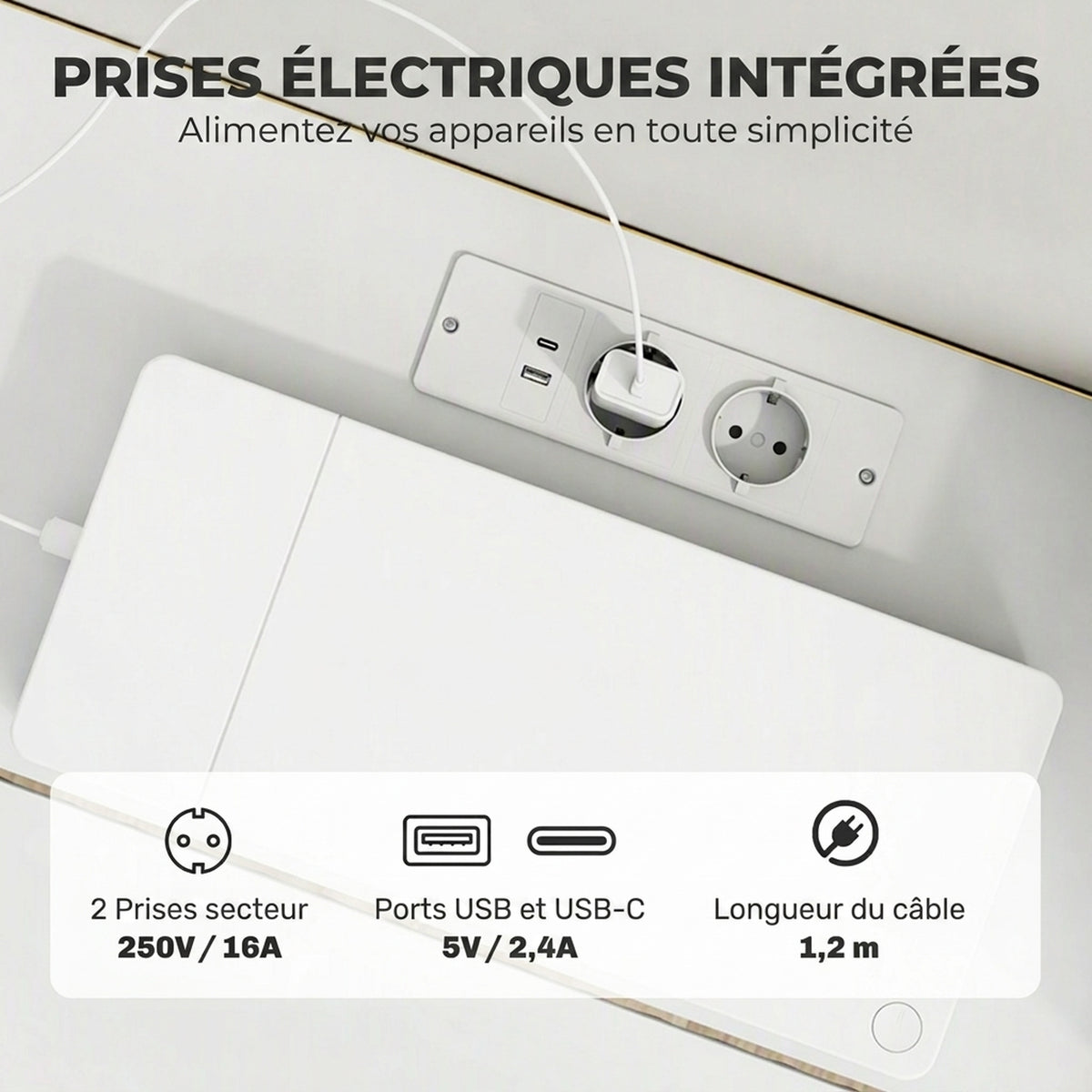 Meuble TV Suspendu Flottant 120 cm avec Éclairage LED et Prises, Meuble Télé pour Téléviseur 65 Pouces, Blanc-4