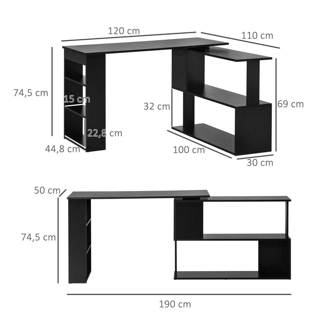 Bureau d'angle table de salle à manger avec rangement bureau informatique modulable bibliothèque intégrée + étagère 3 niveaux noir-2