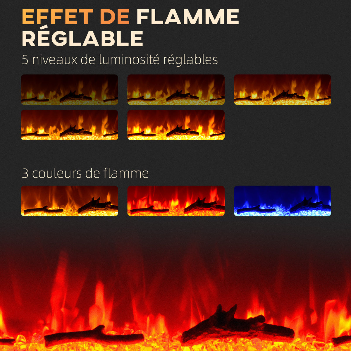 Cheminée électrique 1800 W avec effet flamme en LED 3 couleurs et 5 luminosités, montage mural/encastrable-3