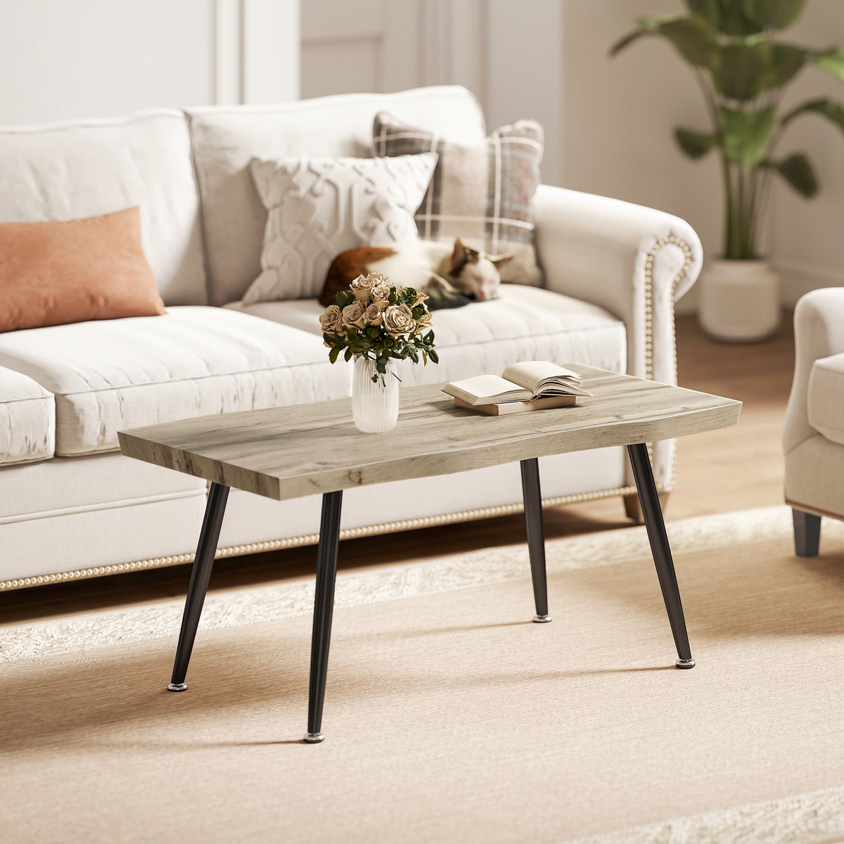 Table basse, table d'appoint moderne avec pieds en acier et plateau épais de 4 cm, 100 x 50 x 45 cm, chêne et noir-1