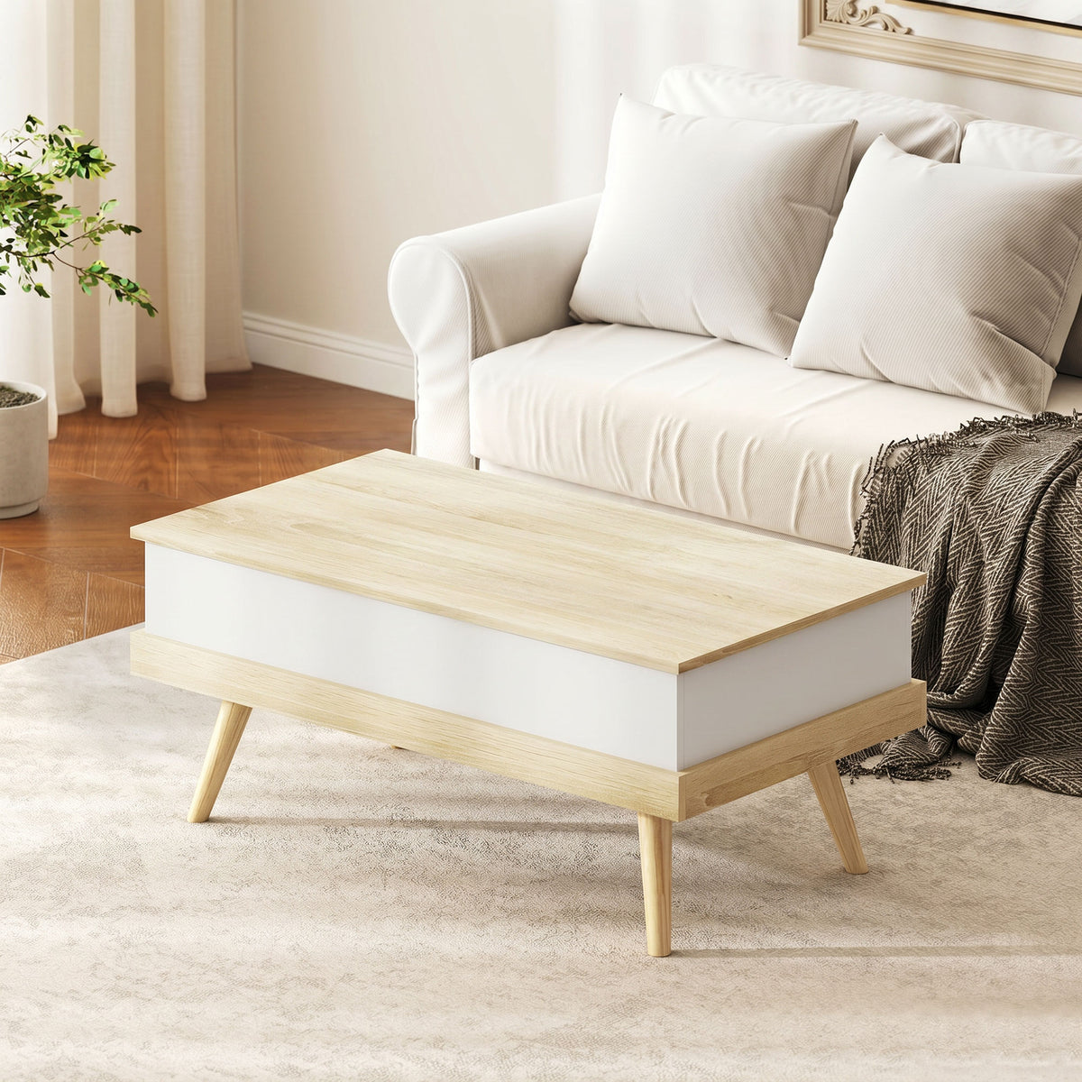 Table Basse Relevable avec 3 Compartiments Cachés, Table de Salon Moderne, Pieds en Bois, 100x79x54cm, Naturel Blanc-1