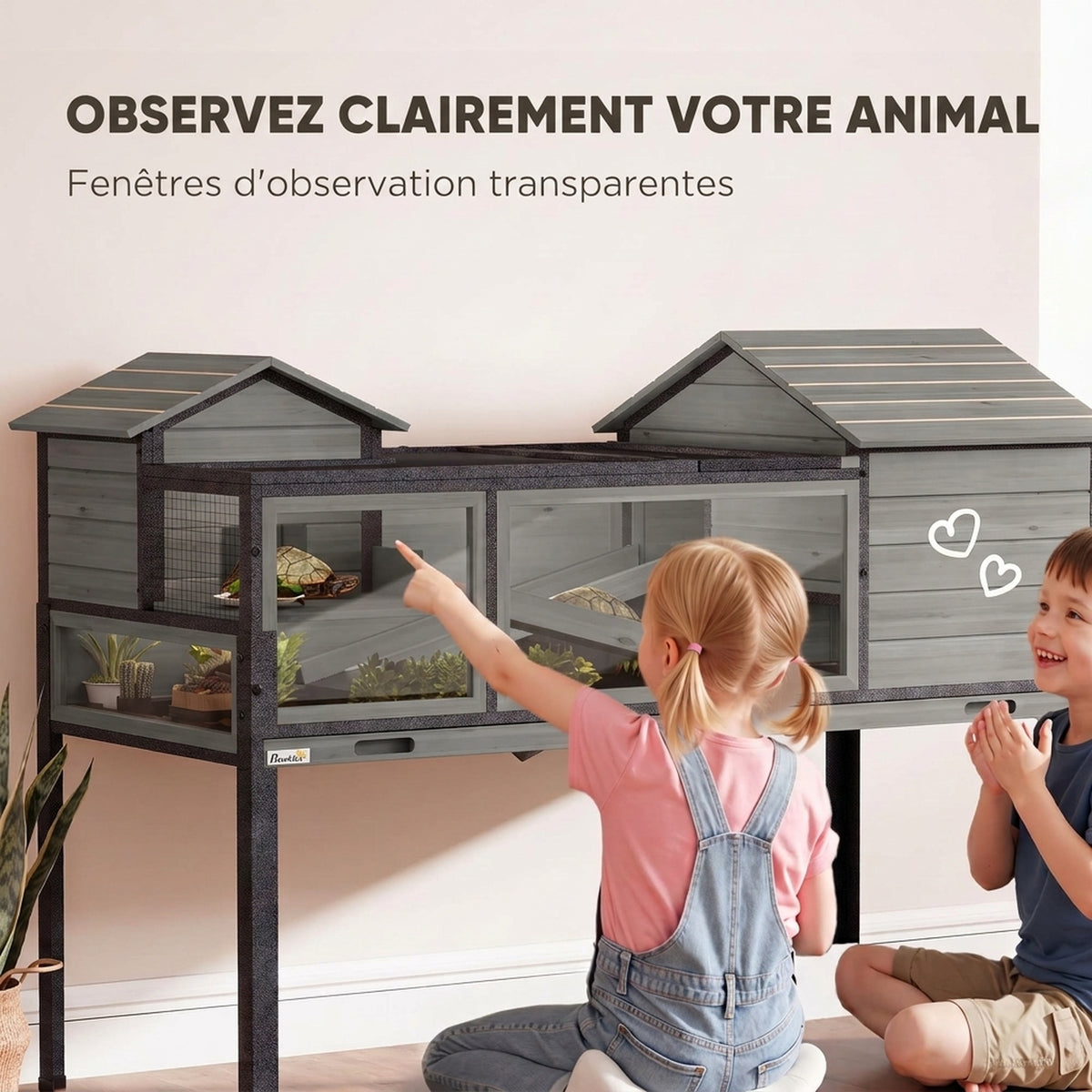 Maison pour tortues à 2 étages 2 chambres fenêtres rampes toit ouvrable et plateau 128 x 63 x 96 cm gris-4