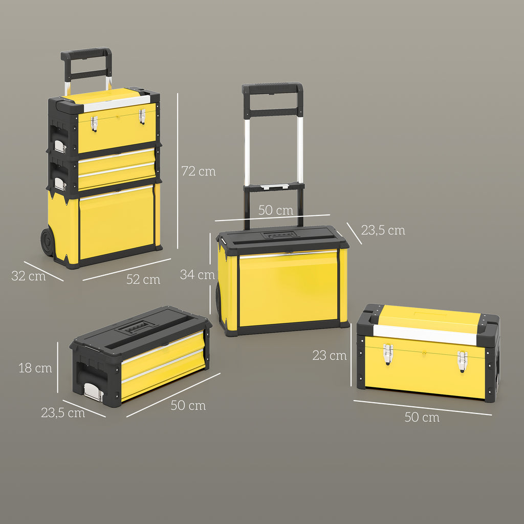Lot de 3 boîtes à outils sur roulettes empilables et modulaires en acier avec plateau, poignées et serrure, jaune-2
