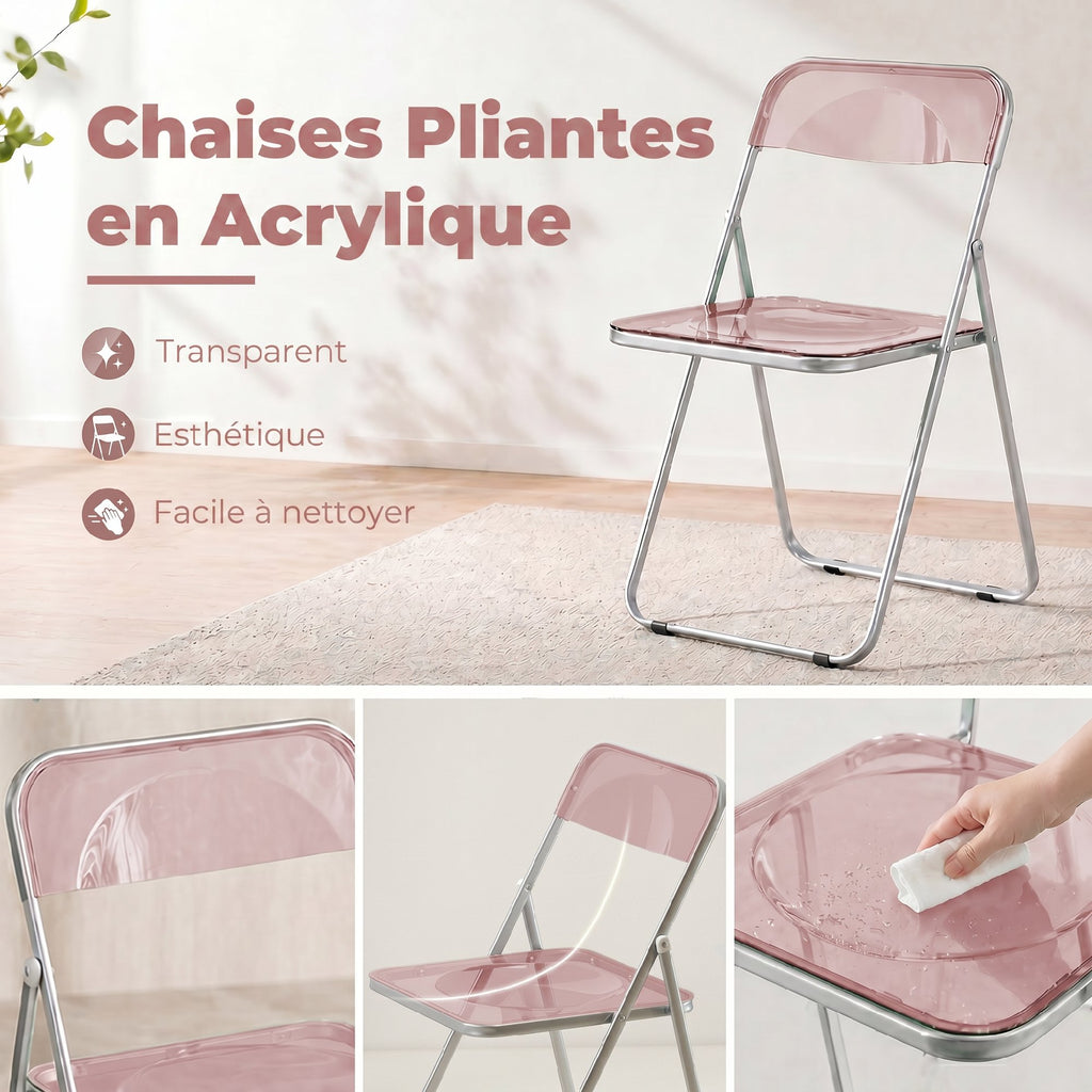 Lot de 4 chaises pliantes en acrylique et acier, chaises pliantes portables pour maison, salle à manger, roses-3