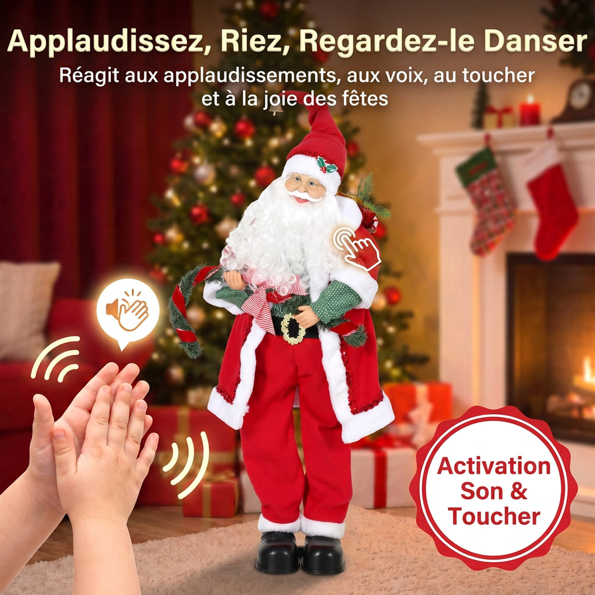 Père Noël Animé 120 cm avec Musique, Décoration de Noël Chantante et Oscillante, Activation Sonore et Tactile, Rouge-4