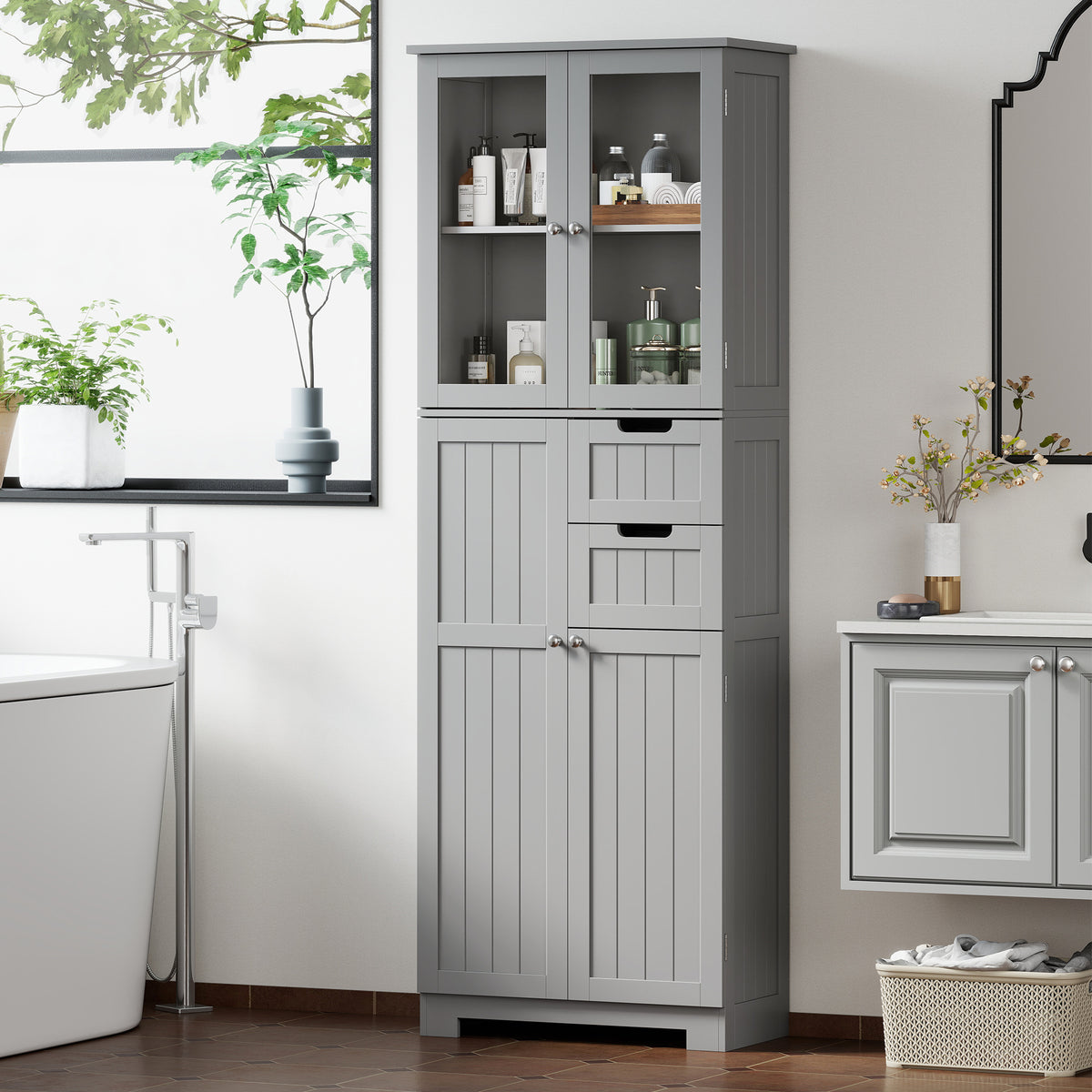 Meuble de salle de bain haut, meuble de rangement avec 4 portes dont 2 vitrées, 2 tiroirs et étagères réglables, gris-1