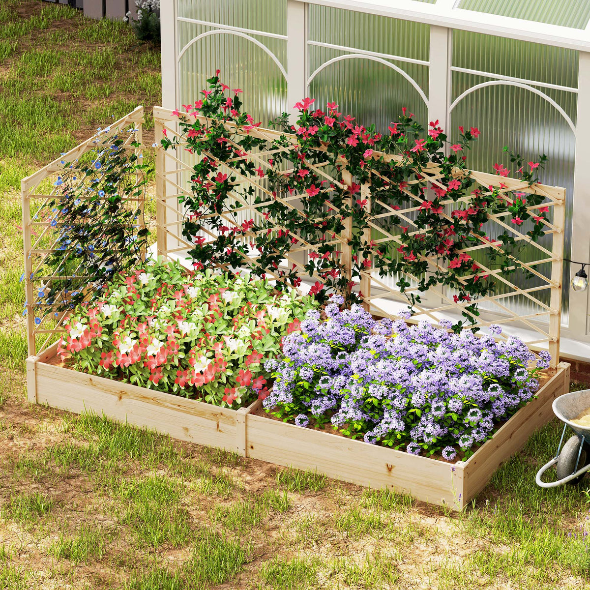 Jardinière avec 3 treillis modulable, bac à fleurs en bois pour balcon terrasse patio, 222x114x109 cm effet bois naturel-8