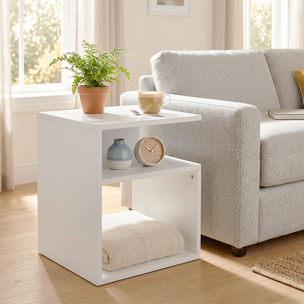 Table d'Appoint, Table Basse Moderne 3 Niveaux avec Étagères Ouvertes, pour Salon, Chambre ou Bureau, Blanc-7