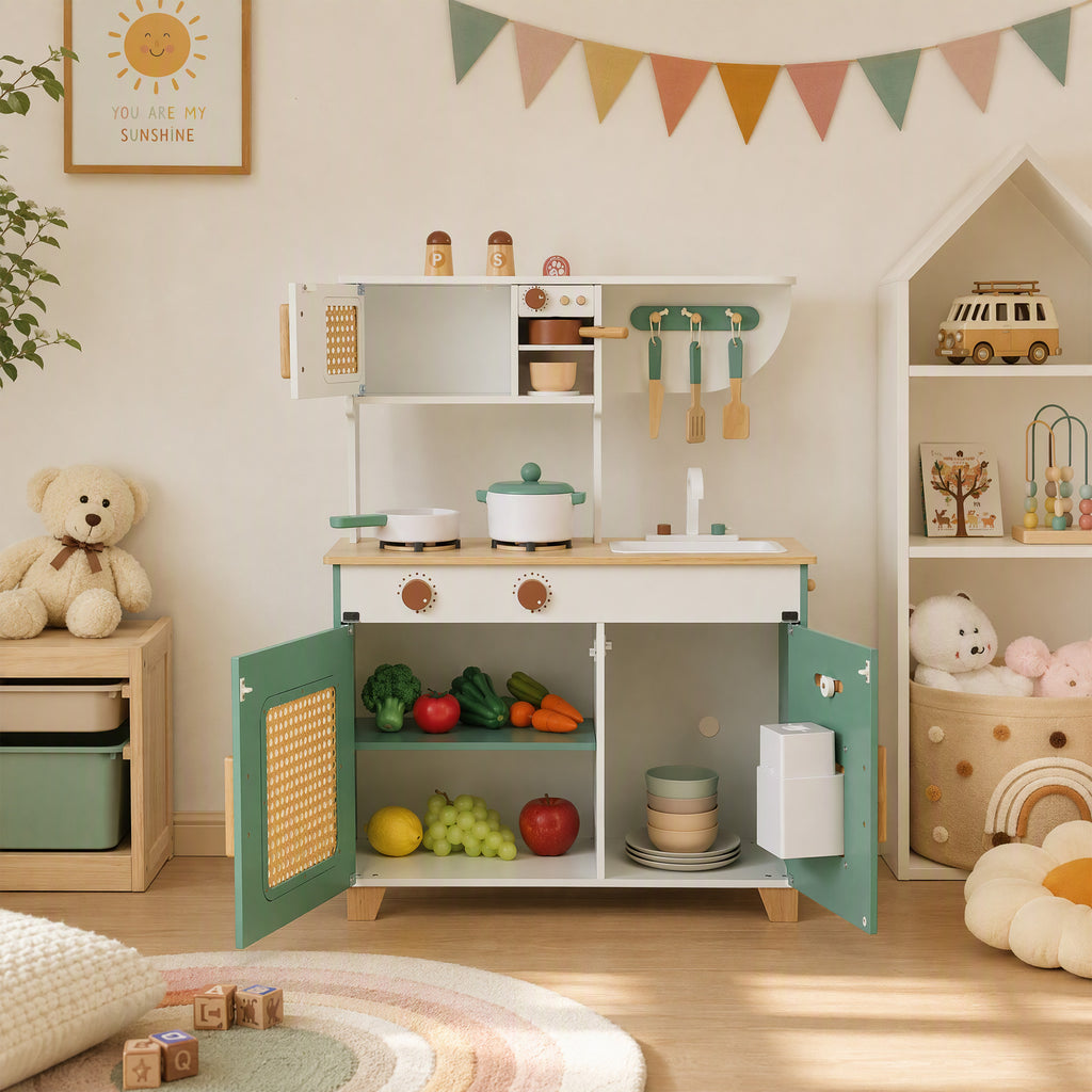 Cuisine Enfant en Bois 19 Accessoires, Cafetière, Machine à Glaçons, Micro-Ondes, Placard, 3-6 Ans, 61x27x79,7cm, Vert-9