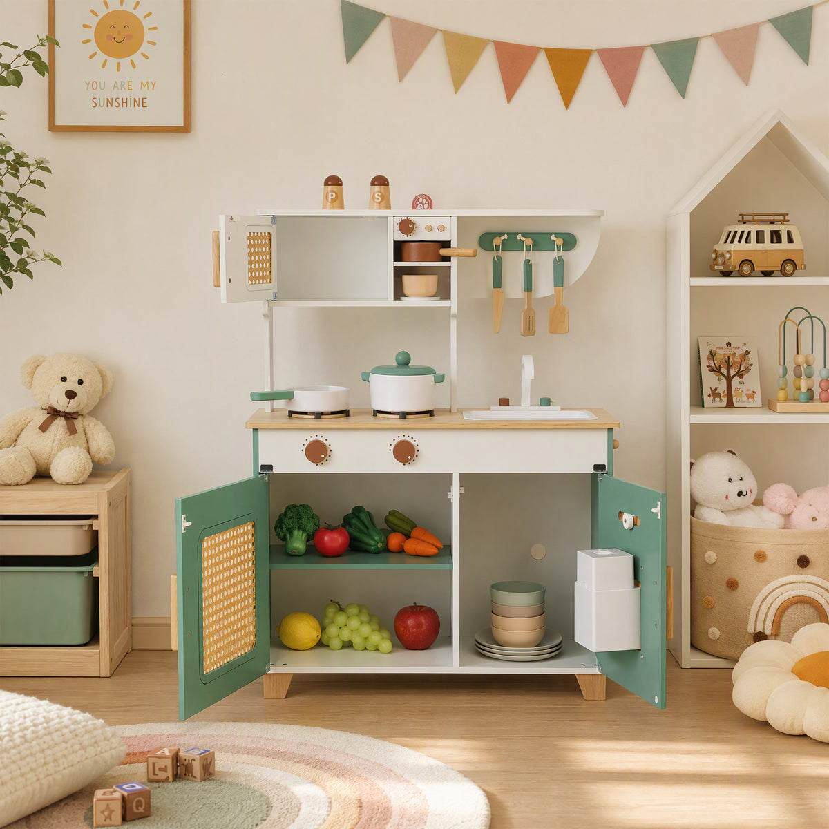 Cuisine Enfant en Bois 19 Accessoires, Cafetière, Machine à Glaçons, Micro-Ondes, Placard, 3-6 Ans, 61x27x79,7cm, Vert-9