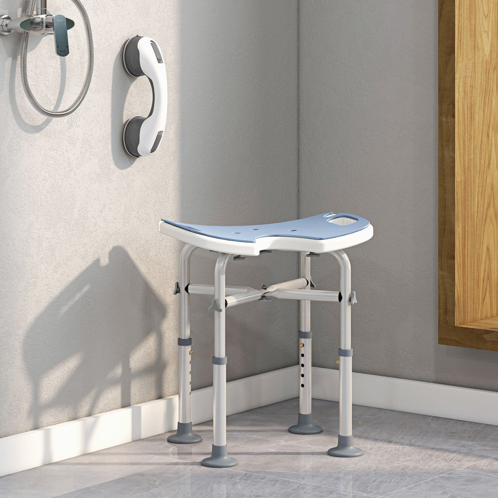 Tabouret de Douche, Hauteur Ajustable 39-51,5 cm, Barre d'Appui à Ventouse, Patins à Ventouse, Bleu Clair-1