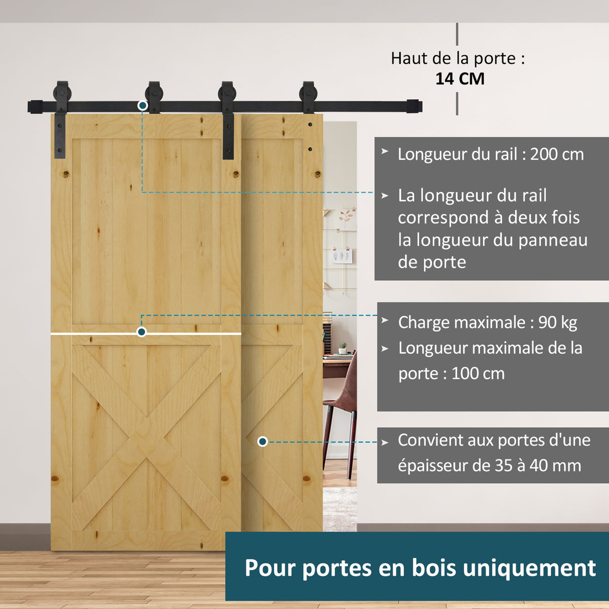 2M Kit porte coulissante de grange, rail porte coulissante double de 100 cm de large, épaisseur 35-40 mm, charge 90 kg-3
