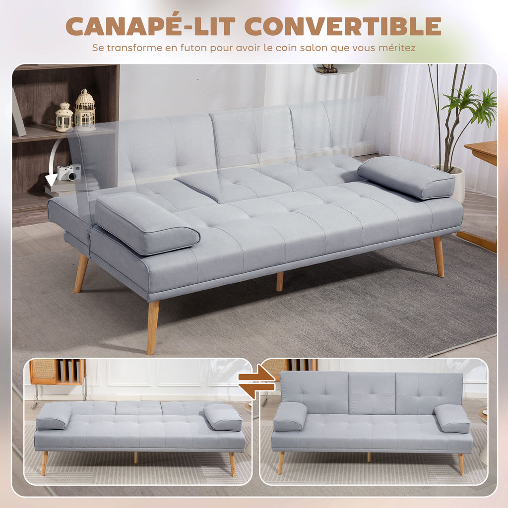 Canapé convertible 3 places, canapé-lit rembourré avec dossier réglable 3 niveaux, 2 coussins et 2 porte-gobelets intégrés, tissu de lin, pour salon, chambre d'amis, petit espace, gris clair-3