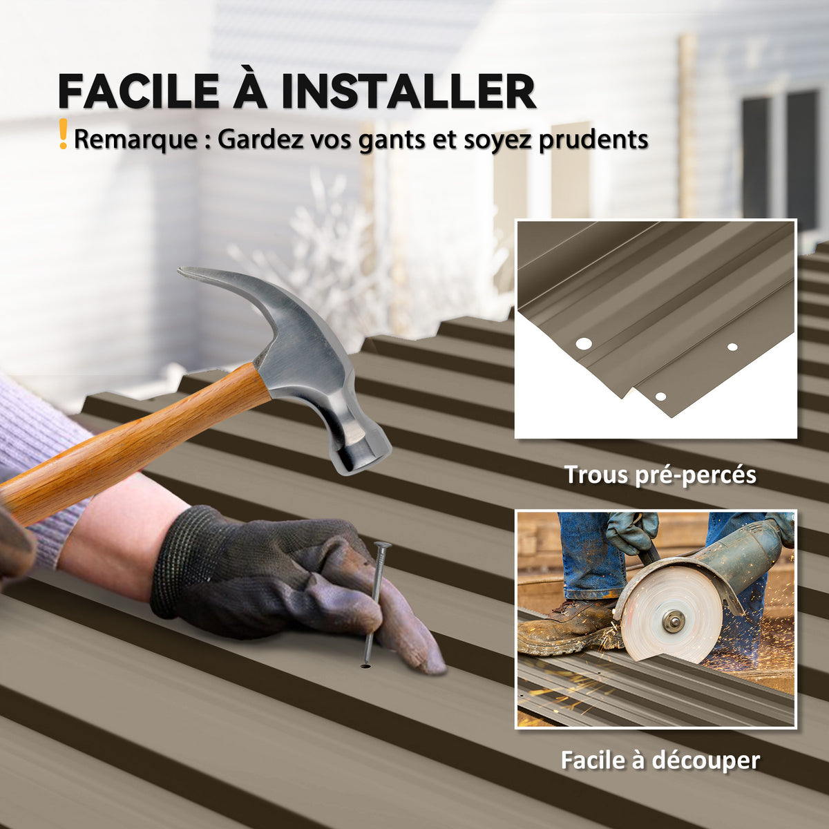 Lot de 12 Panneaux en Acier Galvanisé Résistant aux Intempéries, Marron, Dim. d'un Panneau 129L x 45l cm-4