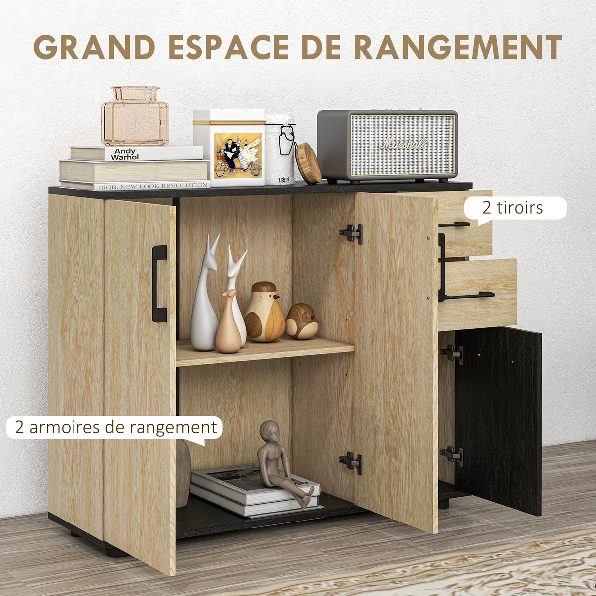 Meuble buffet de rangement cuisine 2 placards étagère réglable 2 tiroirs 90 x 30 x 75,5 cm naturel noir-3
