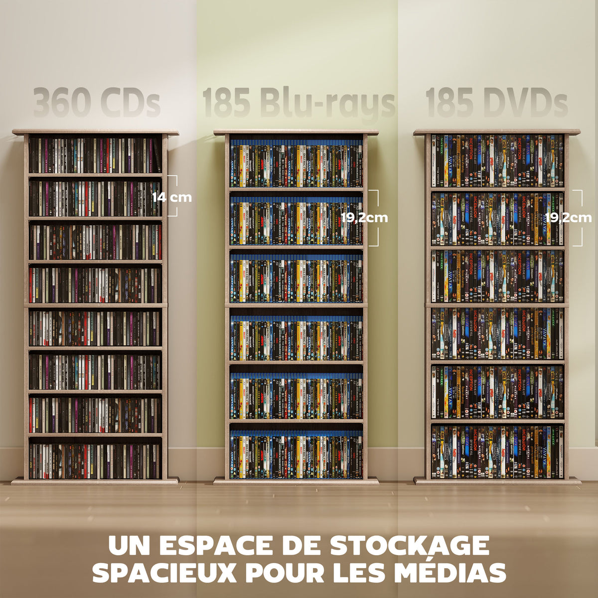 Rangements pour CD et DVD avec 8 compartiments et 6 étagères réglables, capacité max. 360 CD/185 DVD et Blu-ray, naturel-3