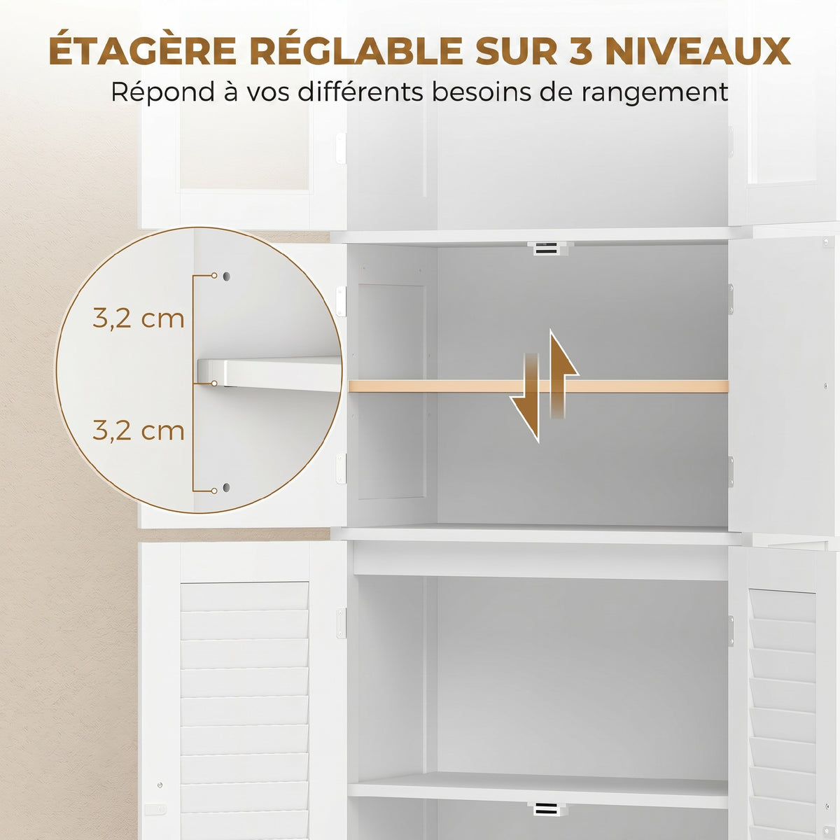 Meuble de salle de bain haut, meuble de rangement avec 6 portes dont 2 vitrées et 2 persiennes, étagère réglable, blanc-4
