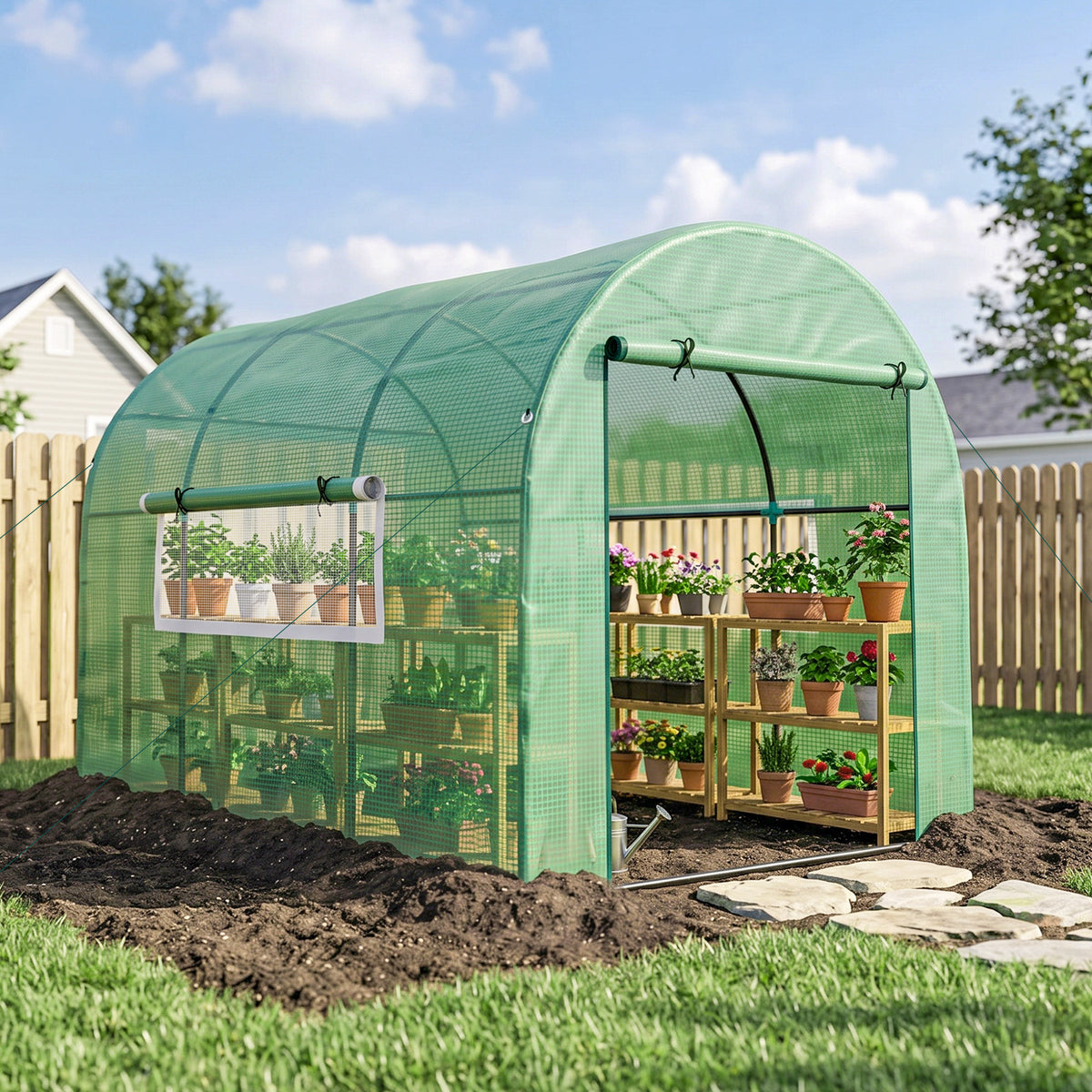 Serre de jardin serre tunnel de jardin 6m² PE Haute densité 135 g/m², avec 2 portes zippées 300 x 200 x 200 cm, vert-8