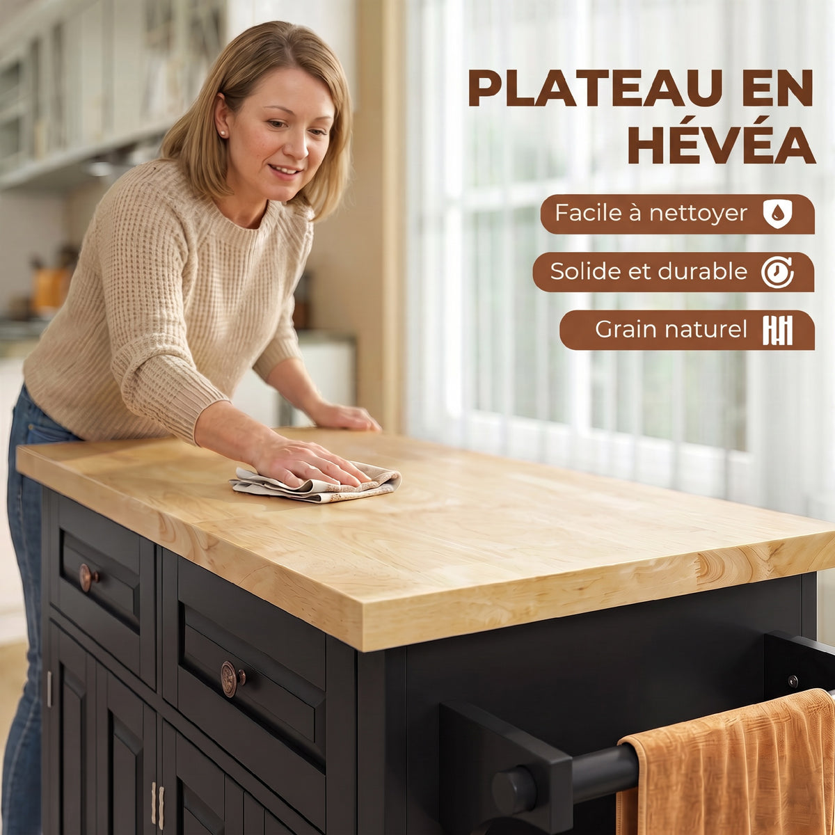 Îlot Central Cuisine avec Plateau en Hévéa, Desserte de Cuisine sur Roulettes avec 2 Tiroirs, 111 x 44,5 x 82,5 cm, Noir-3