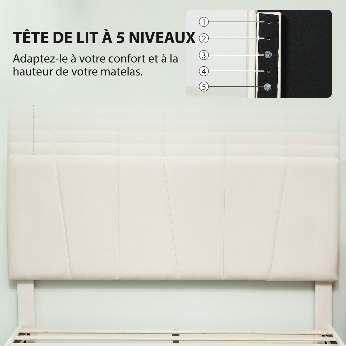 Cadre de lit double 140 x 190 cm lit 2 personnes tête de lit réglable sommier 150 x 198 x 101/106/111/116/121 cm crème-3