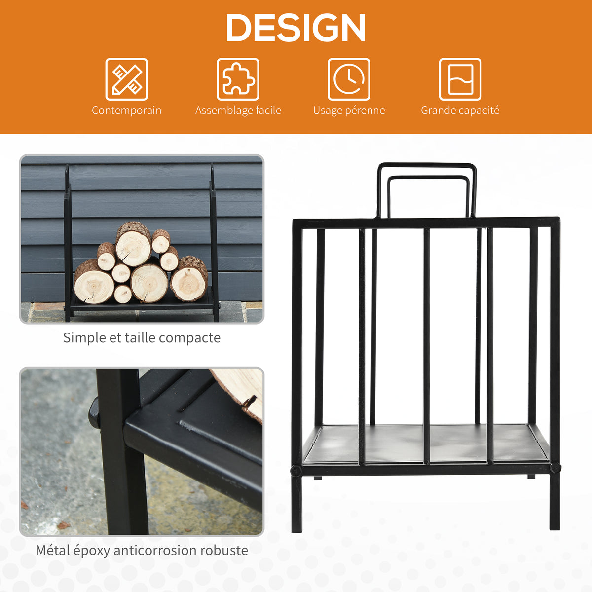Range bûches Porte-bûches Etagère porte bois de cheminée charge max. 15 Kg dim. 44L x 33l x 46H cm métal époxy noir-3