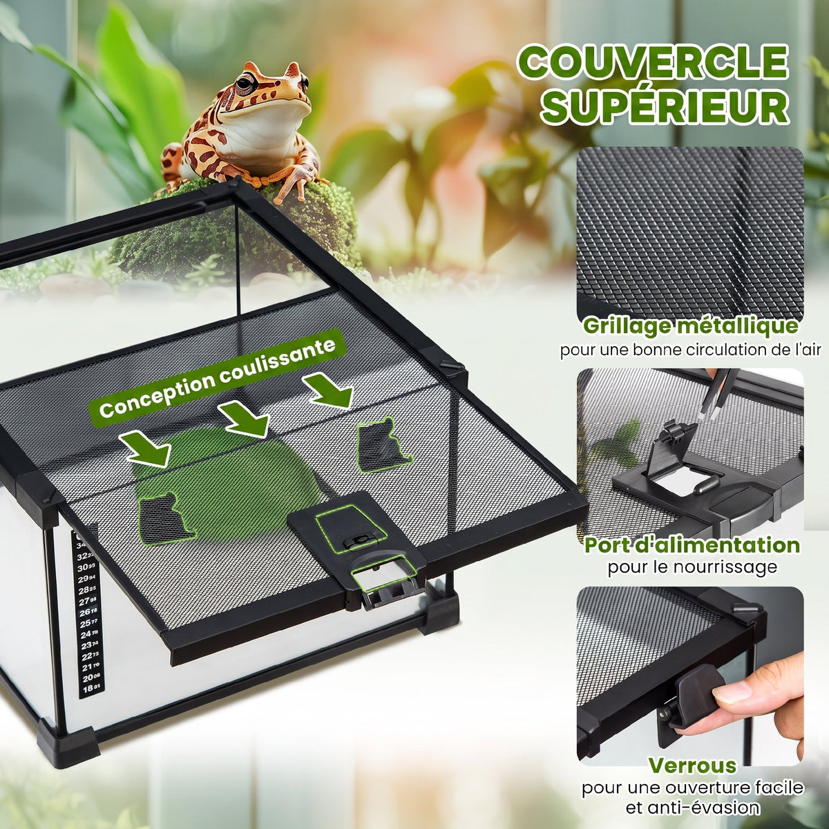 Boîte à reptiles boîte d'élevage de reptiles habitat de terrarium couvercle coulissant treillis métallique thermomètre-4