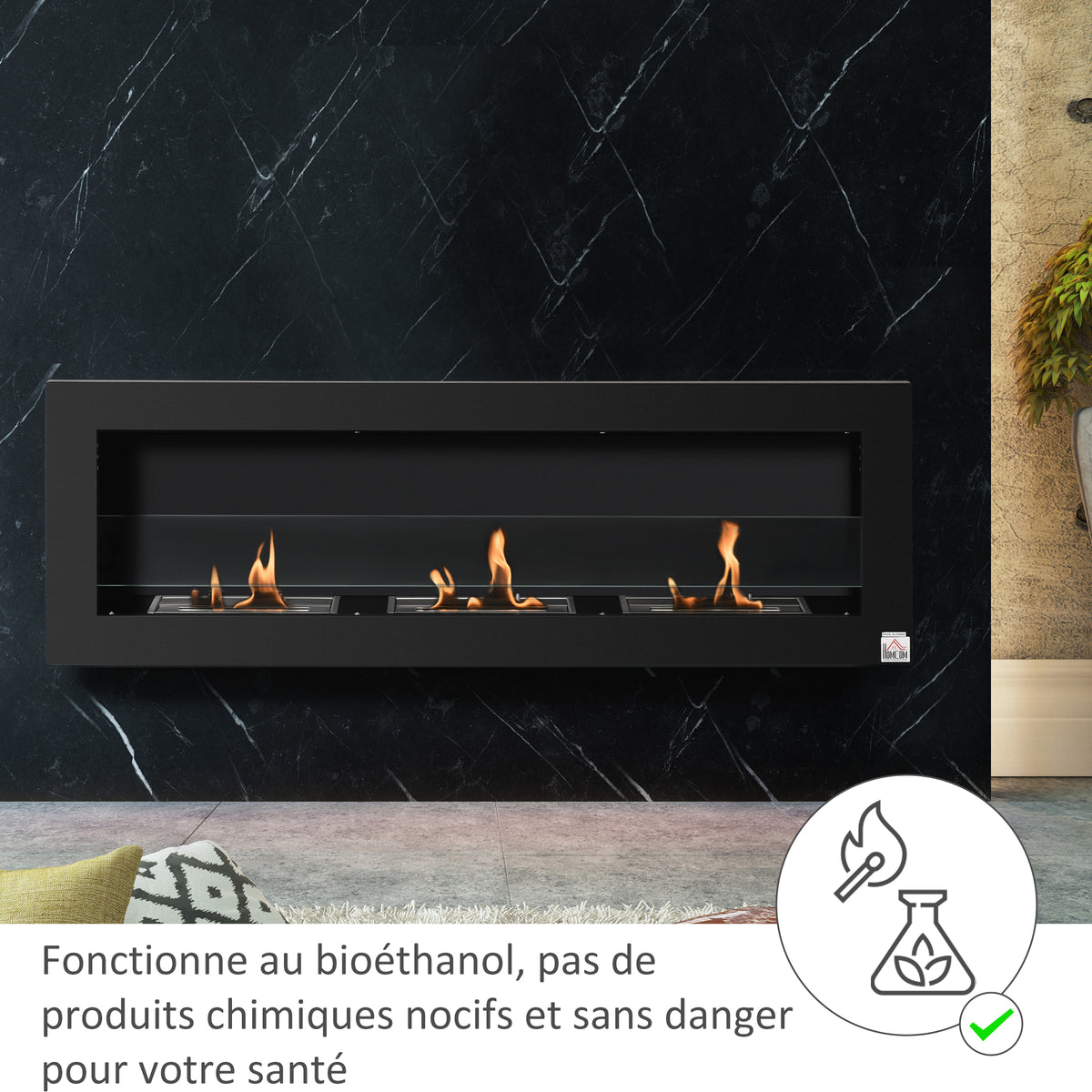 Cheminée bioéthanol Murale encastrable 3 brûleurs 3 L au total, environ 3 h de durée de combustion, dims. 120L x 15l x 40H cm, acier inox noir-3