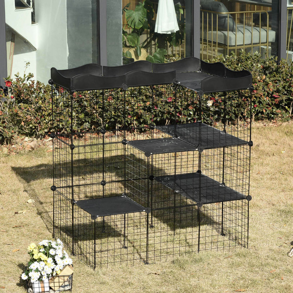 Cage parc enclos pour petits animaux chats lapins modulable 3 niveaux 2 portes rampe fil métallique 105 x 70 x 116 cm noir-9