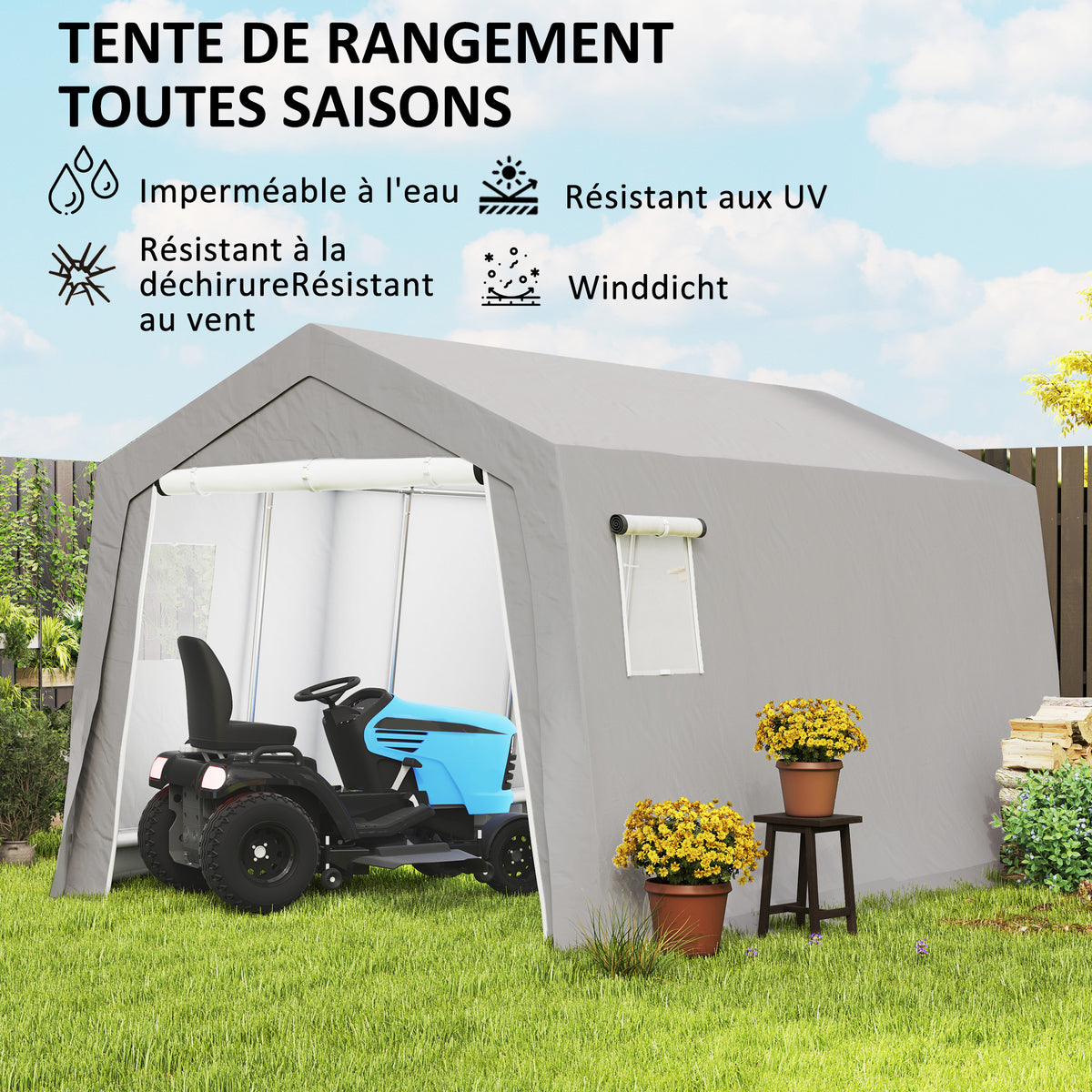 Abri de Rangement Extérieur 3 x 4,5 m, tente de stockage étanche et anti-UV, porte enroulable, fenêtres, gris-3