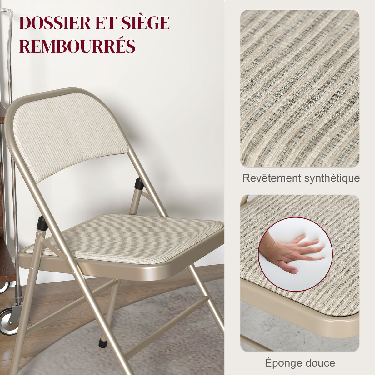Lot de 4 chaises pliantes chaises de salle à manger portables cadre en acier dim. 45l x 46P x 78H cm beige-3