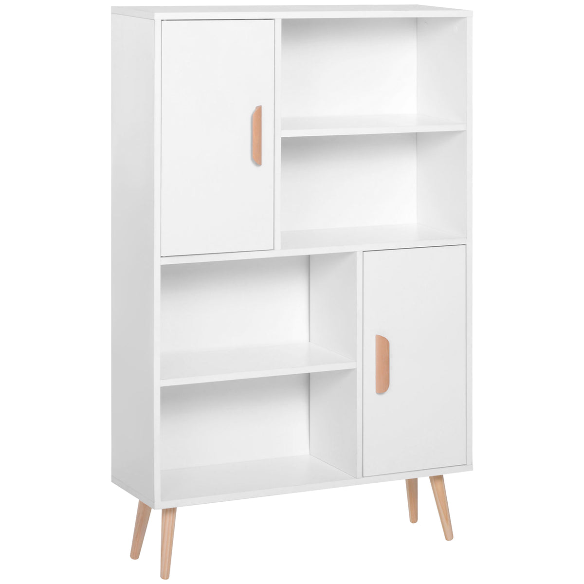 Bibliothèque scandinave 4 niches + 2 placards avec étagère dim. 80L x 24l x 123H cm Pieds effilés inclinés Bois Massif Panneaux Particules Blanc-0