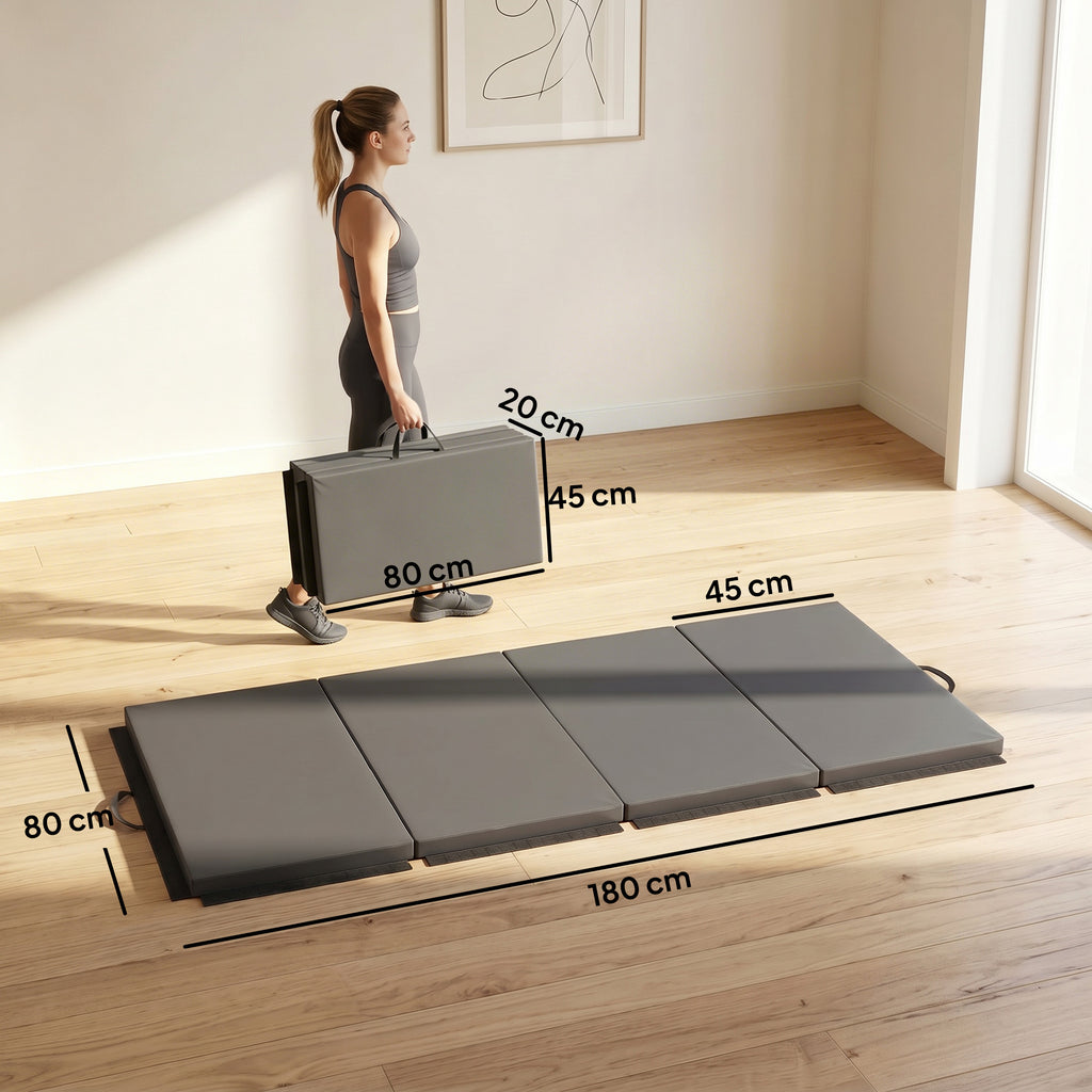 Tapis de gymnastique yoga pilates fitness pliable en 4 avec poignées revêtement synthétique 180 x 80 x 5 cm gris-2