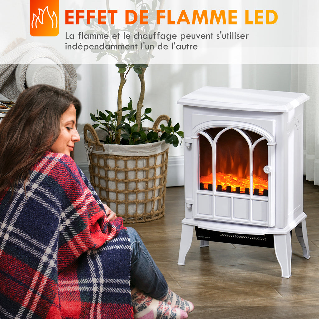 Cheminée électrique sur pied 1000/2000 W, fausse cheminée décorative avec effet flamme LED, blanc-3