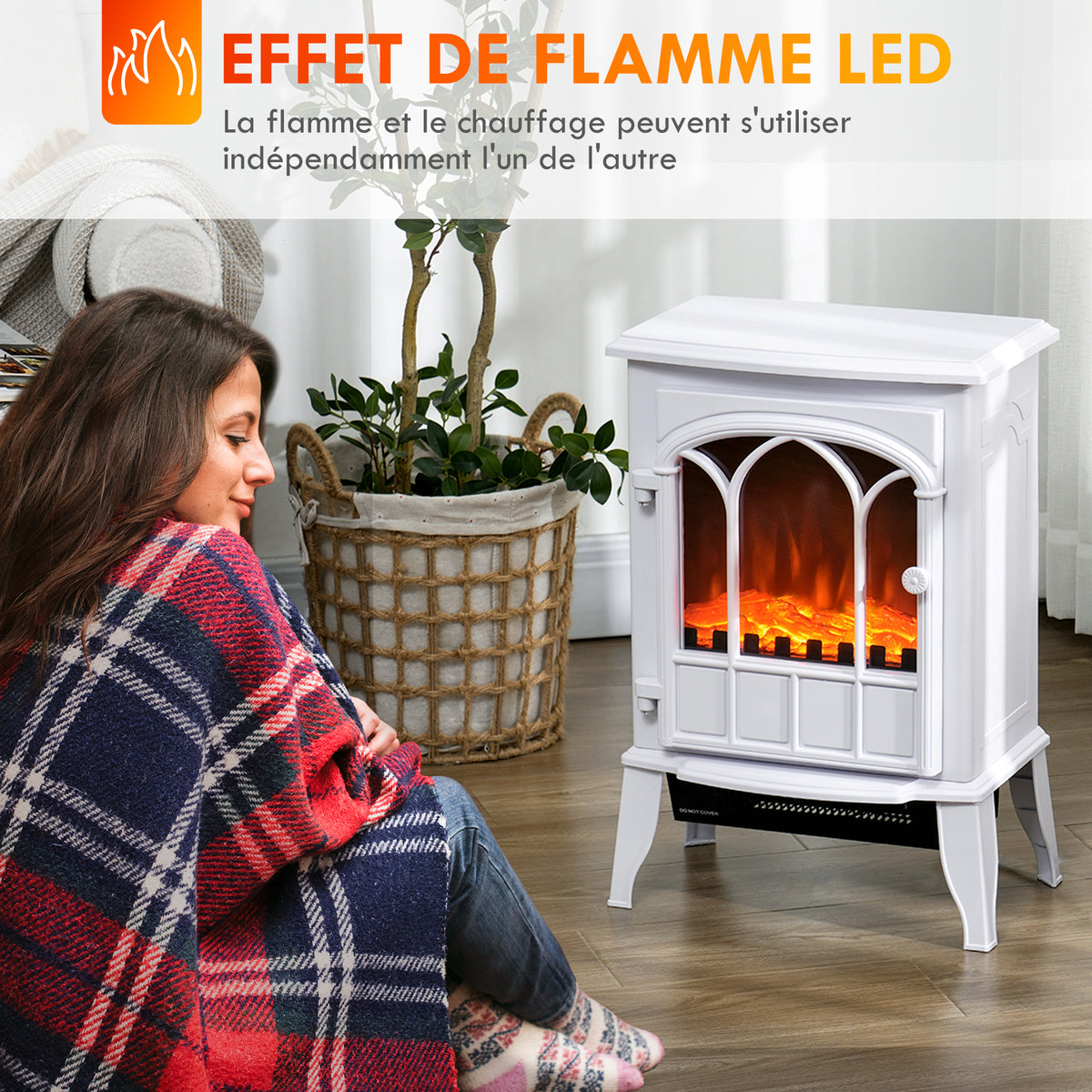 Cheminée électrique sur pied 1000/2000 W, fausse cheminée décorative avec effet flamme LED, blanc-3