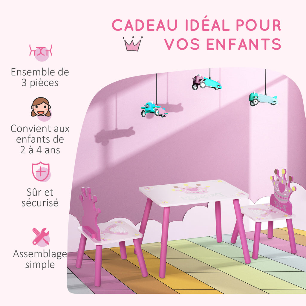 Lit Enfant et Ensemble table et chaises enfant - Design Princesse Motif Couronne - sommier à Lattes Inclus - Rose-5