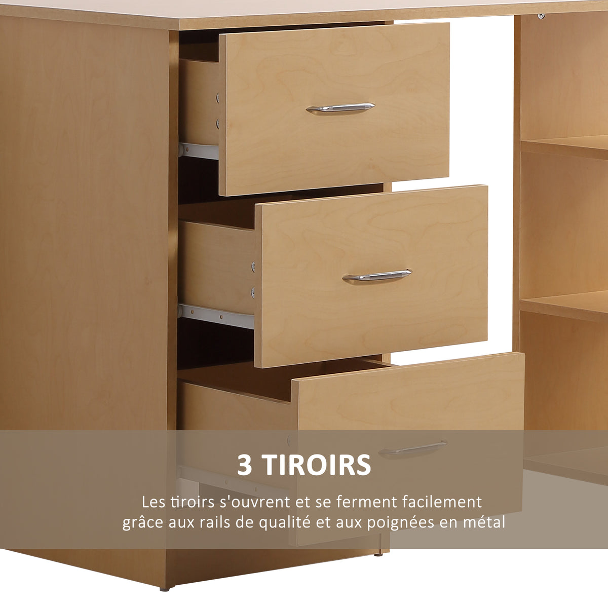 Bureau d'ordinateur avec 3 tiroirs et 3 étagères ouvertes, 120x49x72cm, bureau avec rangement réversible, style moderne, table informatique pour chambre, petit espace, télétravail, bois clair-4